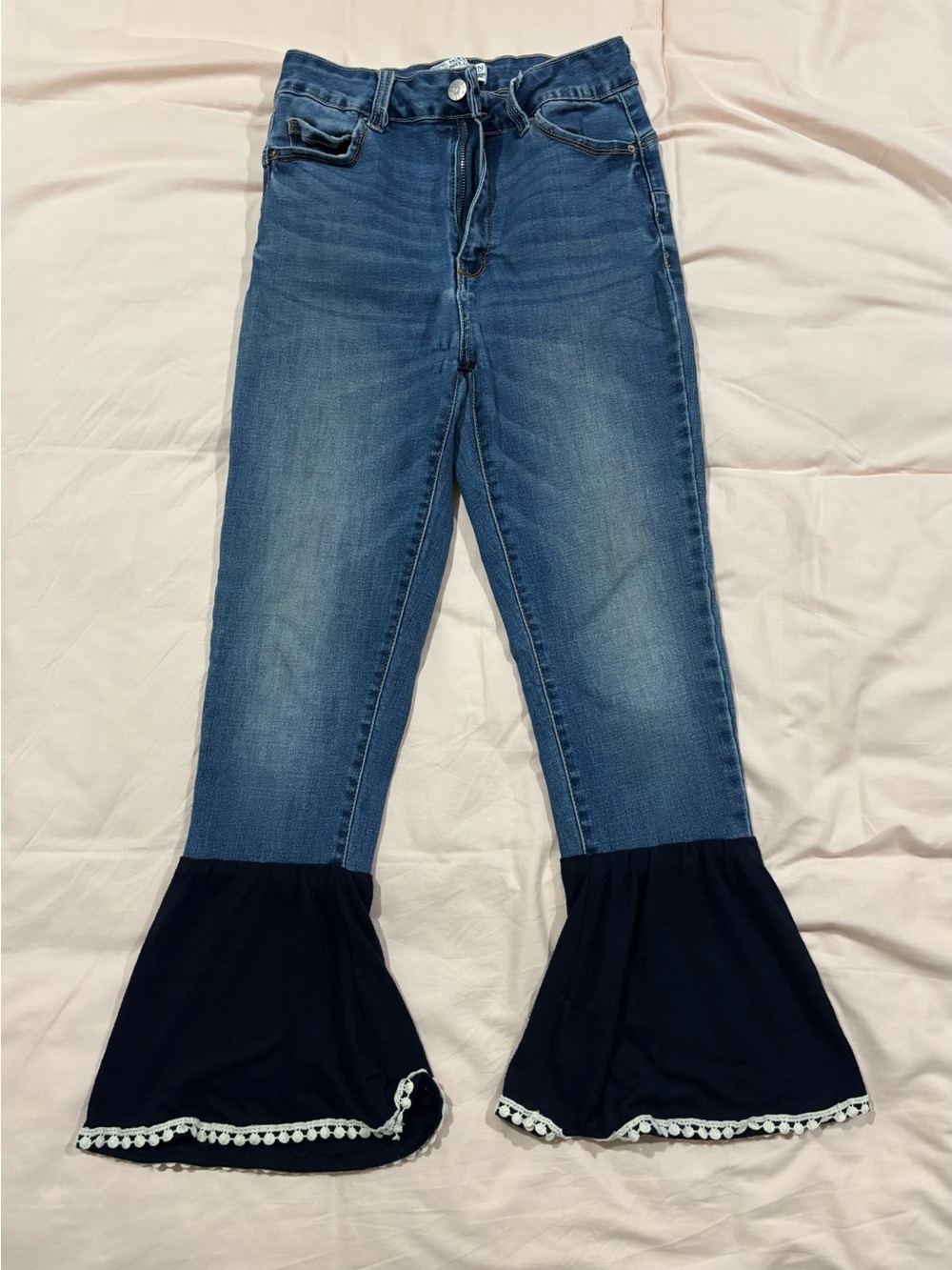 Wax Jean Blue Denim Flare Jeans with Navy Ruffle Hem